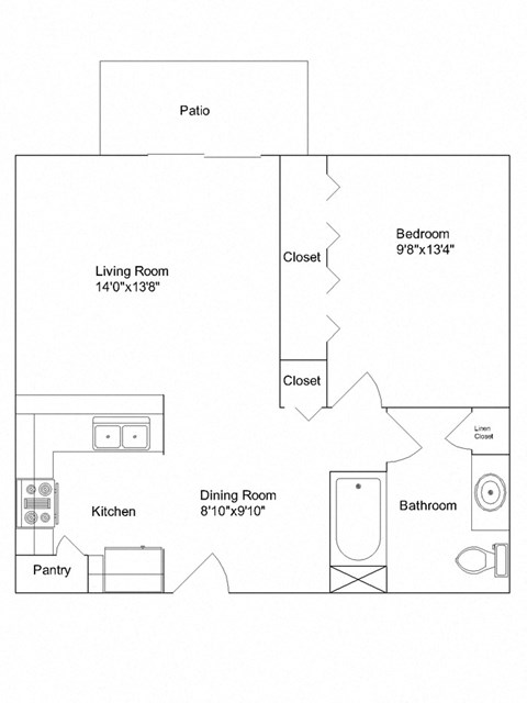 Floor plan for 1 bed, 1 bath, 676 sqft