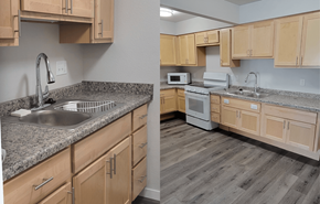 Fall River apartment for rent - two pictures of a kitchen with wood floors and granite counter tops
