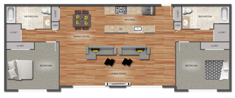 Floor plan for 2 beds, 2 baths, 1100 sqft