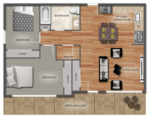Floor plan for 2 beds, 1 bath, 800 sqft