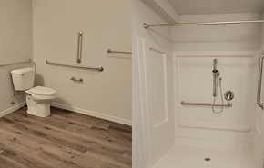 Fall River apartment for rent - a bathroom with grab bars and a toilet and a shower