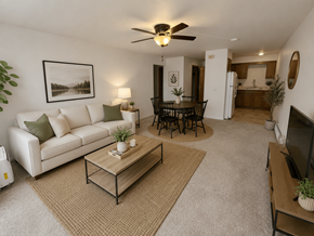 Madison apartment for rent - A living room with a white couch, a coffee table, and a ceiling fan.