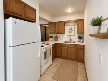 Madison apartment for rent - A white refrigerator is in a kitchen with wooden cabinets.