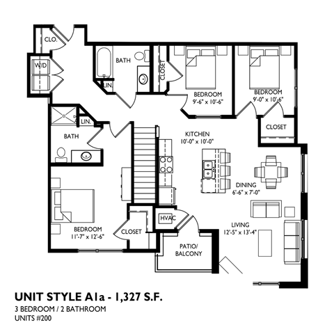 Floor plan for 3 beds, 2 baths, 1327 sqft