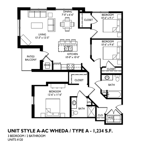 Floor plan for 3 beds, 2 baths, 1294 sqft