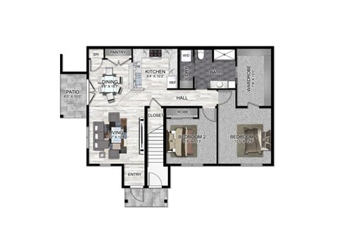 Floor plan for 2 beds, 1 bath, 1112 sqft