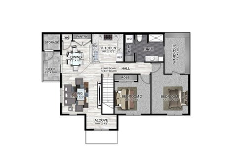 Floor plan for 2 beds, 1 bath, 1200 sqft