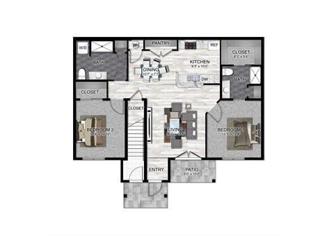 Floor plan for 2 beds, 2 baths, 1090 sqft