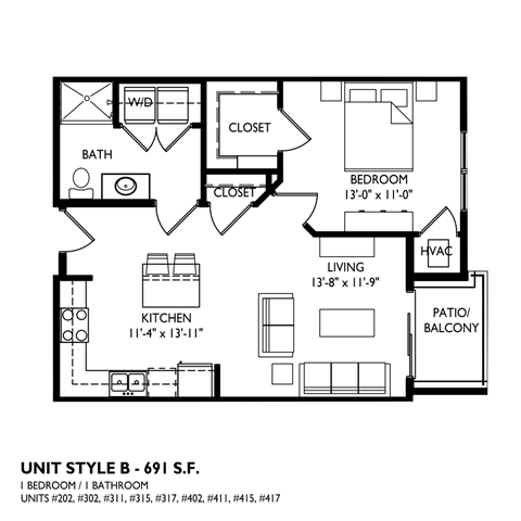 Floor plan for 1 bed, 1 bath, 713 sqft