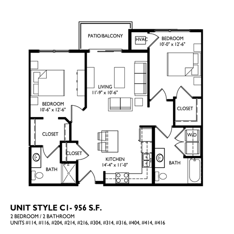 Floor plan for 2 beds, 2 baths, 975 sqft