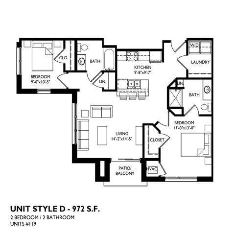 Floor plan for 2 beds, 2 baths, 1030 sqft