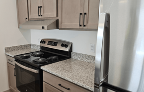 Madison apartment for rent - A kitchen with a stove top oven and a refrigerator.