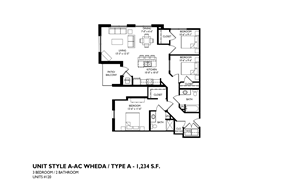Madison apartment for rent - A drawing of a floor plan for a 3 bedroom 2 bathroom unit.
