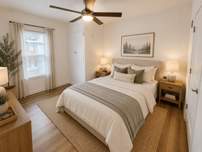 Madison apartment for rent - A bedroom with a large bed and a ceiling fan.