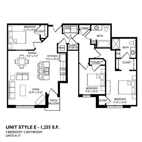 Floor plan for 3 beds, 2 baths, 1324 sqft
