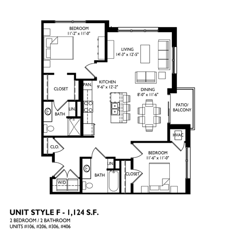 Floor plan for 2 beds, 2 baths, 1124 sqft