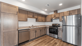 Lac Du Flambeau apartment for rent - A kitchen with wooden cabinets and stainless steel appliances.