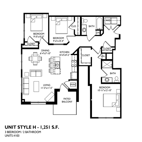 Floor plan for 3 beds, 2 baths, 1309 sqft