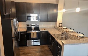 Baraboo apartment for rent - a kitchen with black cabinets and stainless steel appliances
