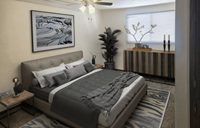 Sun Prairie apartment for rent - A bedroom with a large bed and a painting on the wall.