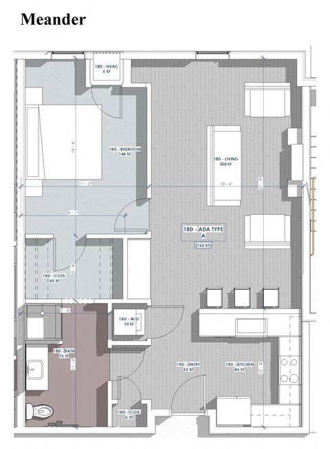 Floor plan for 1 bed, 1 bath, 698 sqft