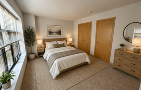 Madison apartment for rent - A bedroom with a large bed, two nightstands, and a window with blinds.