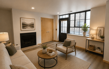 Madison apartment for rent - A living room with a fireplace and a painting on the wall.