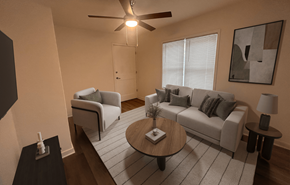 Madison apartment for rent - A living room with a grey couch, a coffee table, and a ceiling fan.