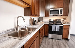 Madison apartment for rent - A modern kitchen with a stainless steel sink and stove.