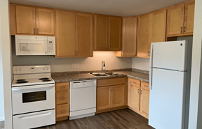 Lancaster apartment for rent - A kitchen with white appliances and wooden cabinets.