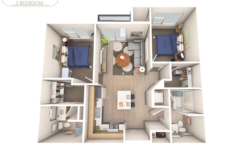 Floor plan for 2 beds, 2 baths, 1270 sqft