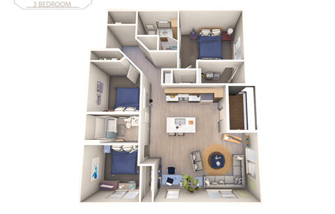 Floor plan for 3 beds, 2 baths, 1286 sqft