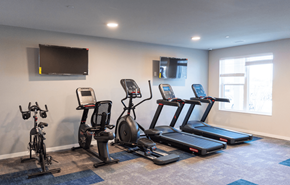 Madison apartment for rent - a gym with cardio equipment and a tv on the wall