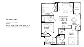 Brookfield apartment for rent - A black and white image of a floor plan for a 3 bedroom, 2 bathroom home.