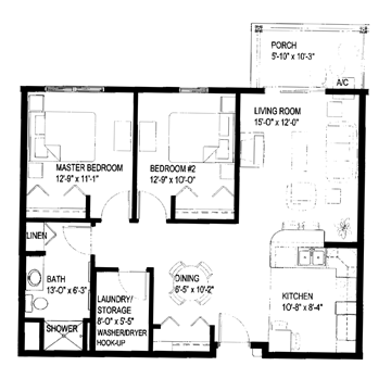 Rothschild apartment for rent - A floor plan of a house with a porch, living room, two bedrooms, a bath, laundry/storage, a dining area, a kitchen, and a shower/washer/dryer.