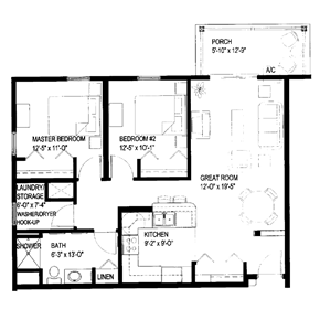 Rothschild apartment for rent - A floor plan of a house with a laundry/storage area, two bedrooms, a great room, a kitchen, a bathroom, and a porch.