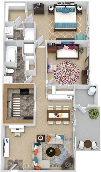 Floor plan for 2 beds, 2 baths, 963 sqft