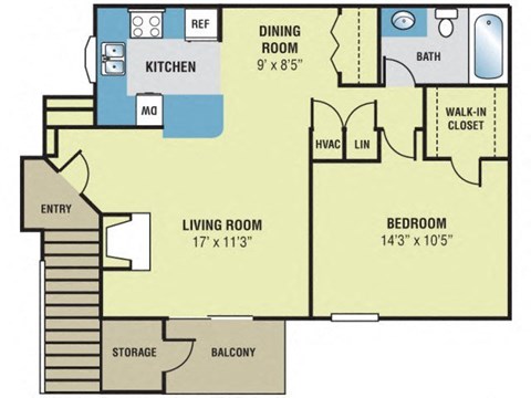Floor plan for 1 bed, 1 bath, 780 sqft