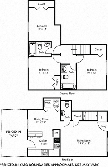 Floor plan for 3 beds, 2.5 baths, 1101 sqft