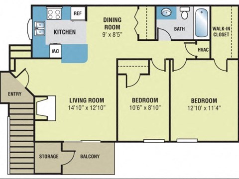 Floor plan for 1 bed, 1 bath, 905 sqft