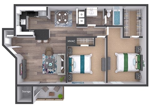 Floor plan for 2 beds, 1 bath, 960 sqft