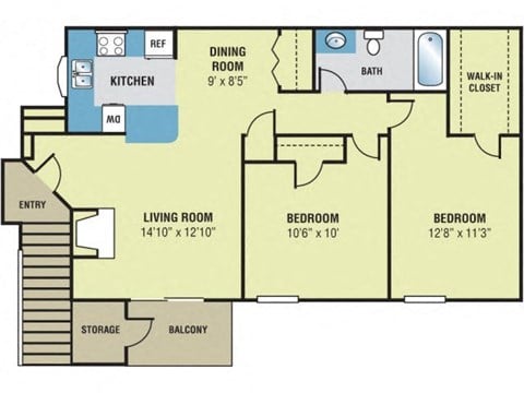 Floor plan for 2 beds, 1 bath, 960 sqft
