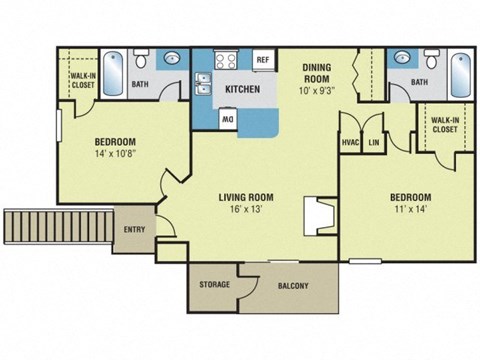 Floor plan for 2 beds, 2 baths, 1052 sqft