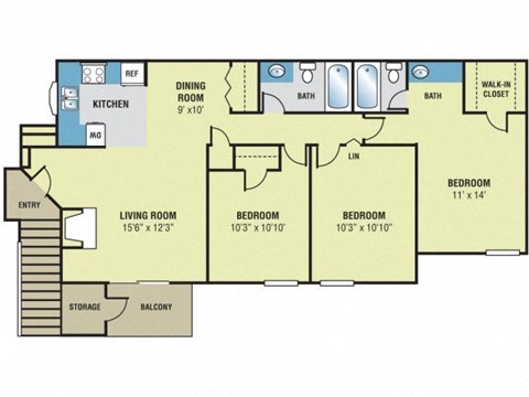 Floor plan for 3 beds, 2 baths, 1235 sqft