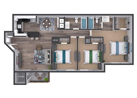 Floor plan for 3 beds, 2 baths, 1235 sqft