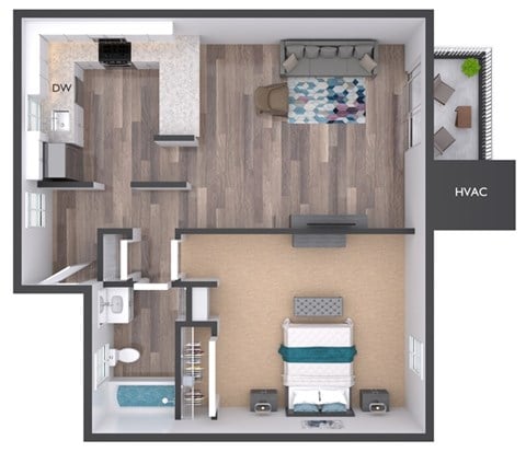 Floor plan for 1 bed, 1 bath, 650 sqft
