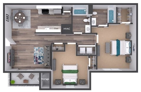 Floor plan for 2 beds, 2 baths, 1000 sqft
