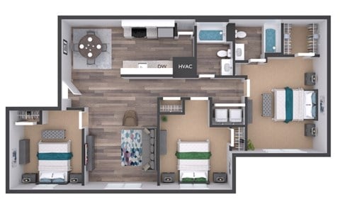 Floor plan for 3 beds, 2 baths, 1190 sqft