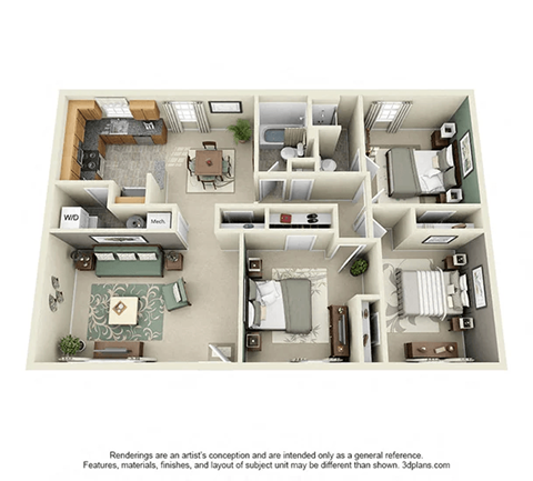 Floor plan for 3 beds, 2 baths, 1118 sqft