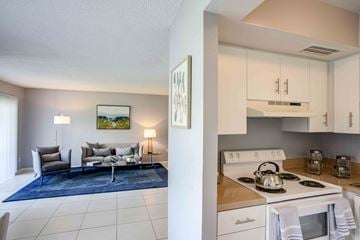 Orlando apartment for rent - A modern kitchen with a blue rug and a living room with a grey sofa.